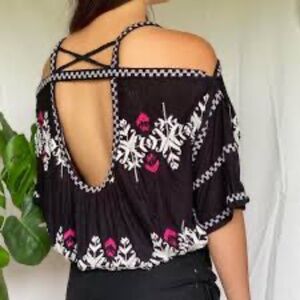 Free People Hey Girl Floral Cotton Black and White Pink Embroidery Size Small